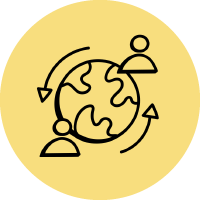 Icon of world globe with two people and arrows