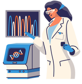 icon-woman-in-lab-coat-next-to-machine-showing-DNA